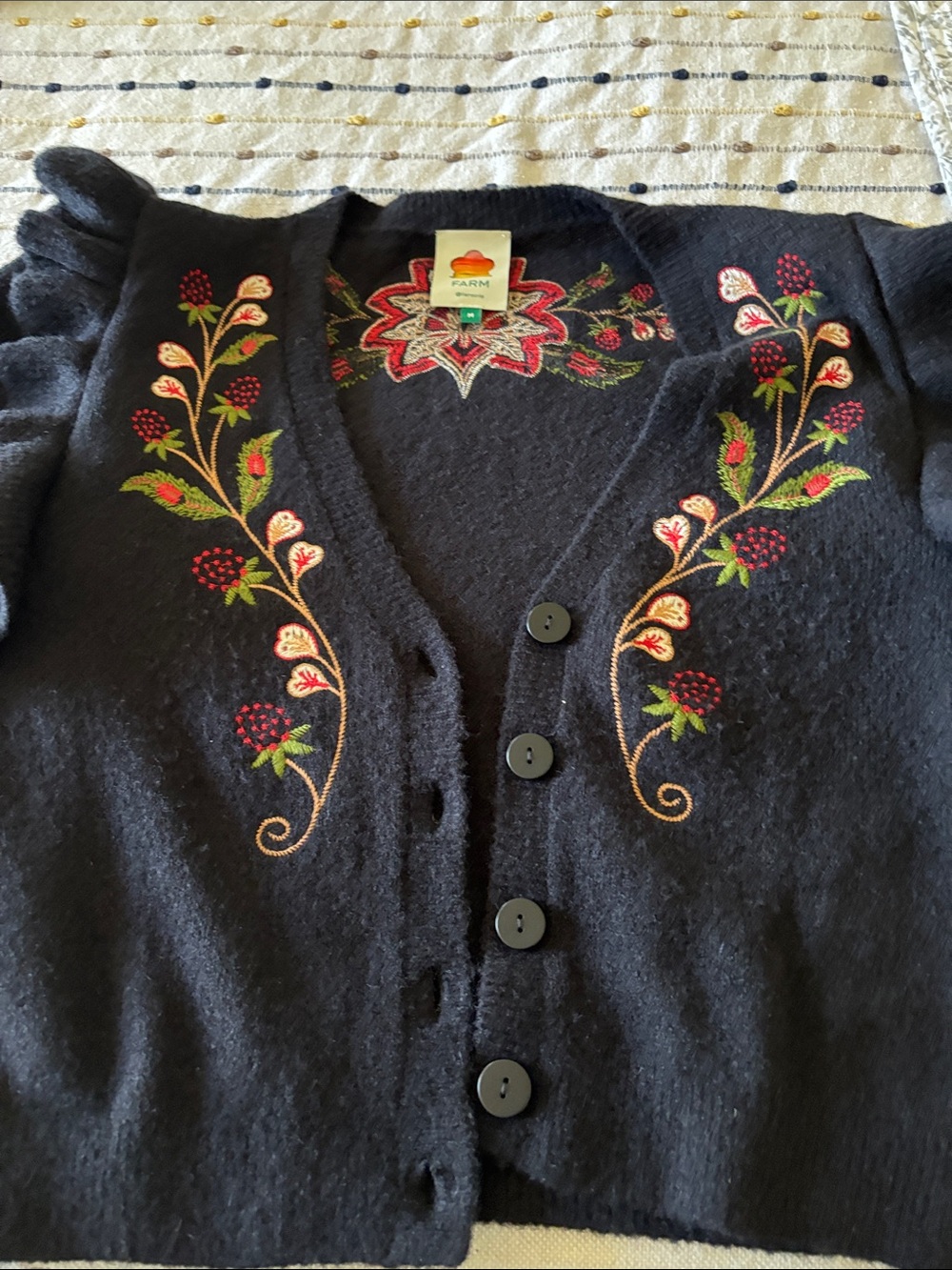 FARM Rio Black Cardigan with Red, Green and Cream Floral Embroidery